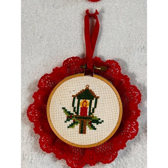 7 Christmas-Themed Cross Stitch Ornaments Lace Trim & Hanging Ribbons Handmade - Picture 6 of 16